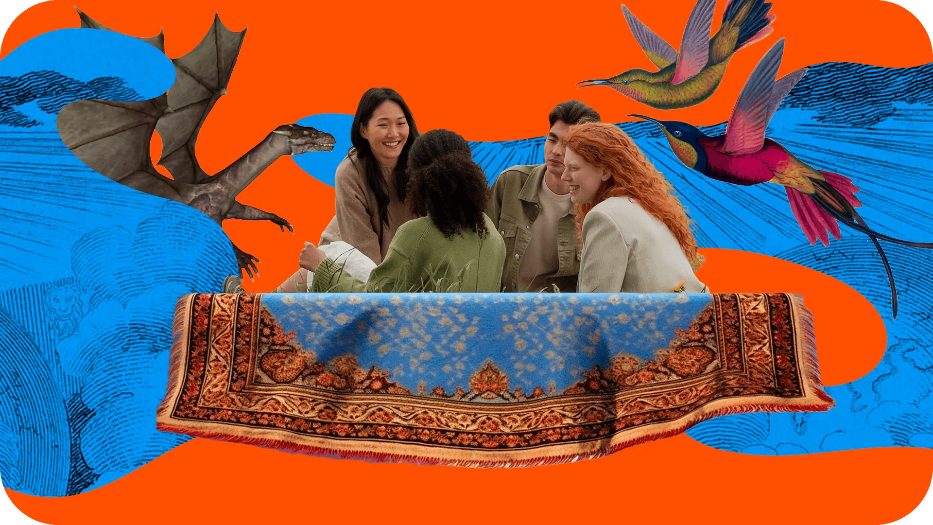 4 teachers on a magic carpet floating trough the skies with birds and dragons