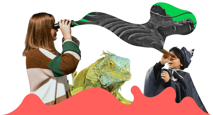 a teacher and a kid in a wizard costume looking trough binoculars at a Chinese dragon accompanied by a big green lizard