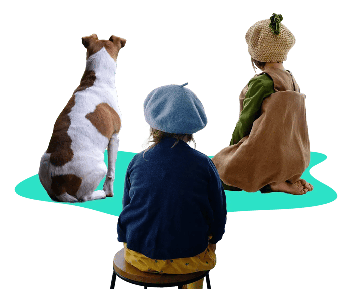 a dog and child in a costume and a child with a beret gazing into the magical universe of bina online school  