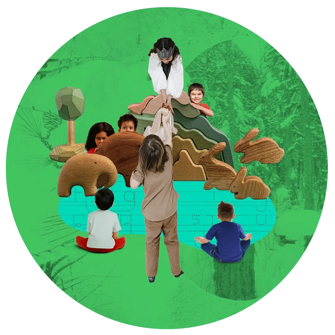 a playground with wooden toys and rabbits with 7 children