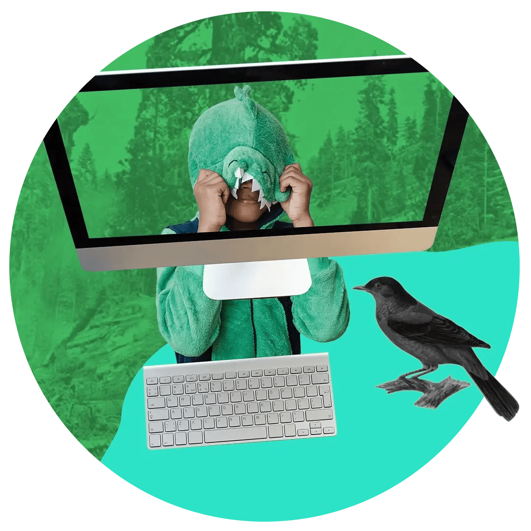 a child wearing a lizard costume peaking through a computer screen at a crow