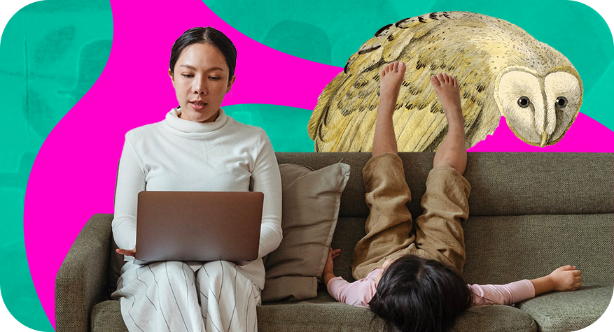 a parent ditting on a couch with a kid and a white owl