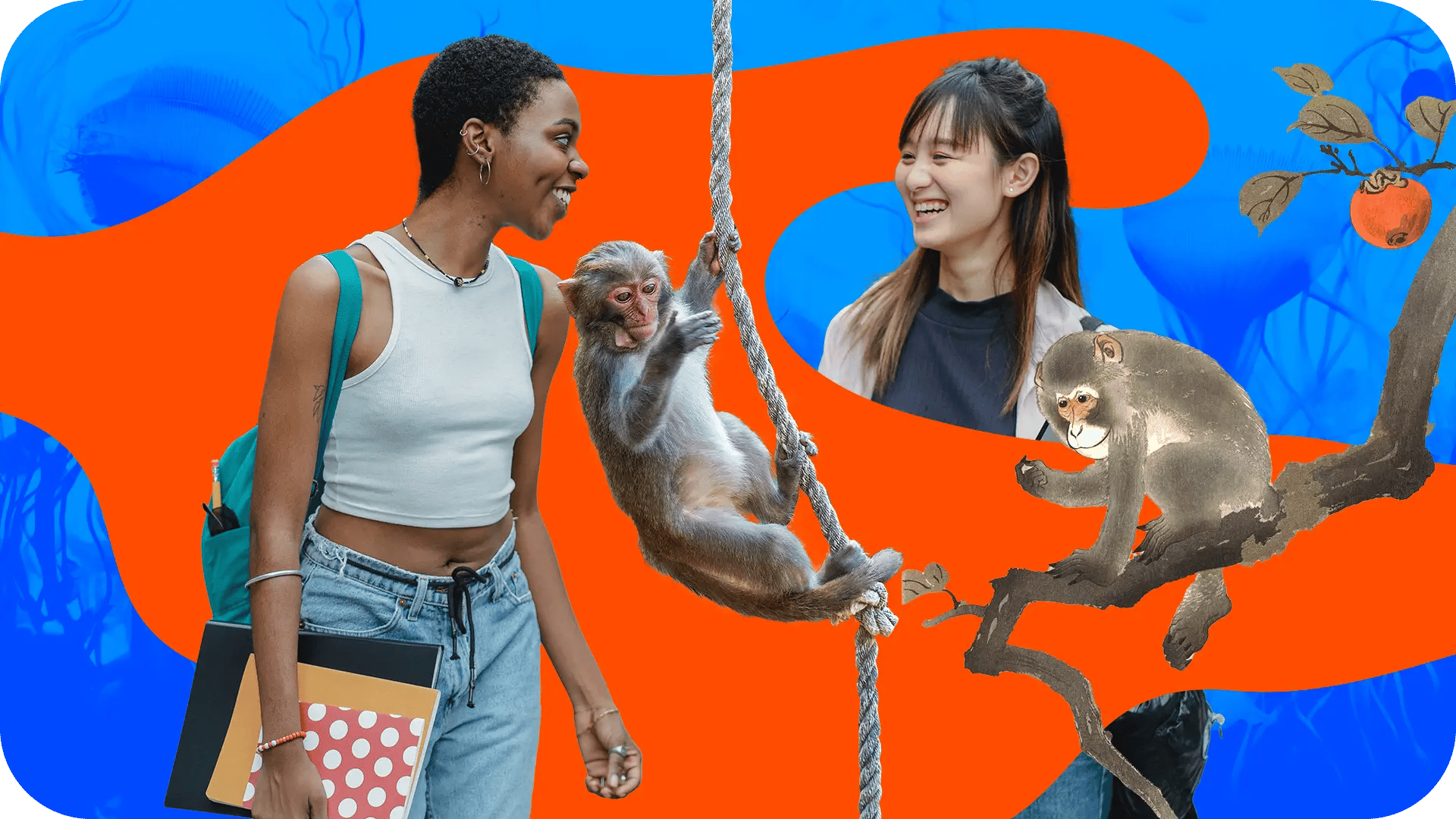 two teachers together with two playful monkeys
