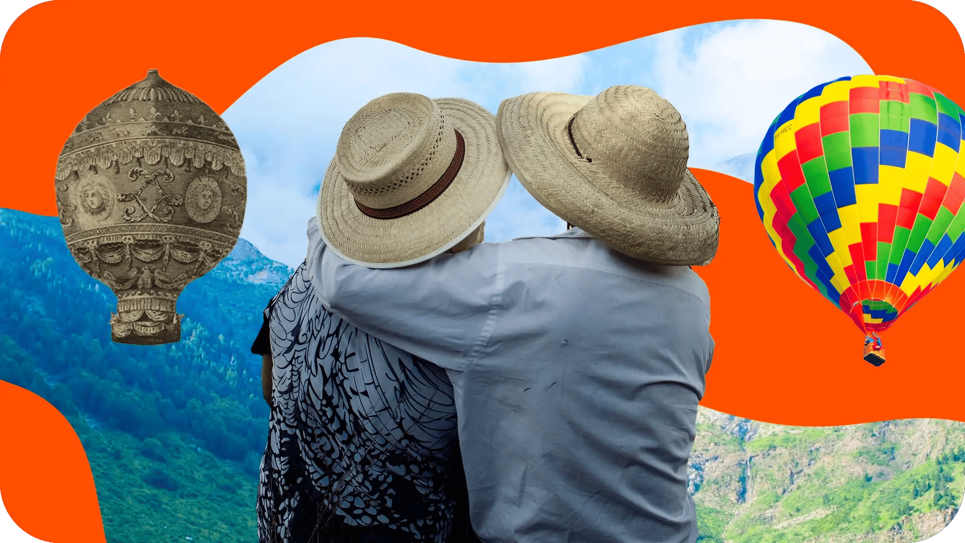 two teachers hugging and wearing straw hats looking at hot air ballons