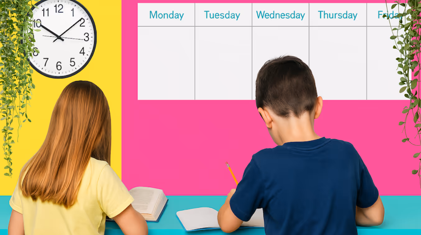 Elementary-aged homeschoolers following a schedule and writing
