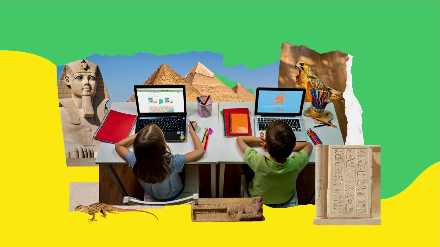 Two kids learning online at laptops surrounded by ancient Egyptian landmarks