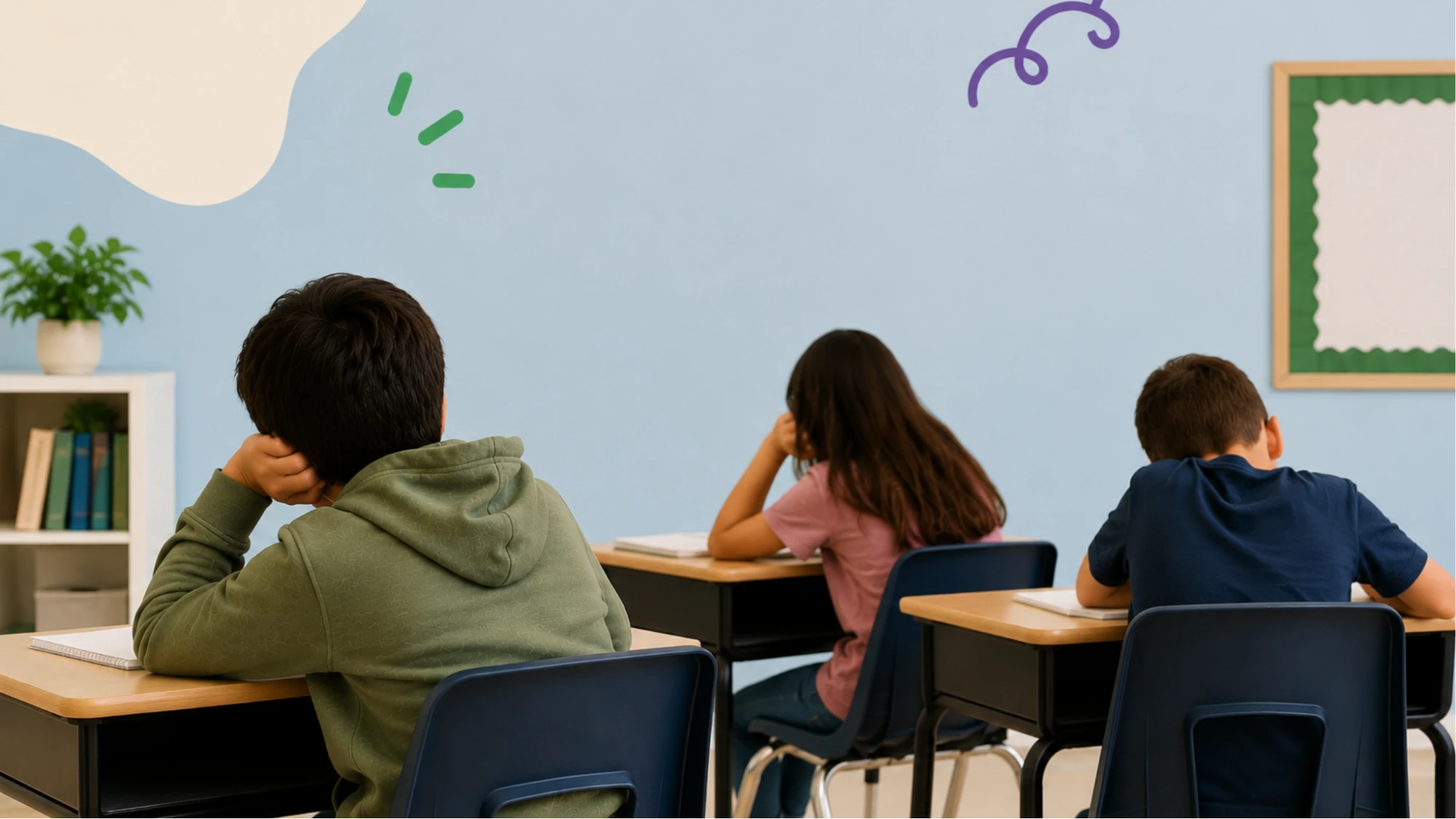 Three students at classroom desks, one resting their head on their hand