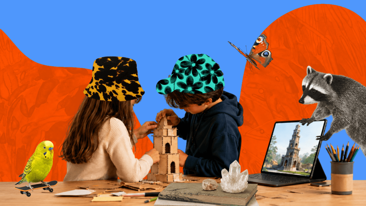 Illustration of two children building a cardboard tower together at a desk, watched by a raccoon, a parakeet, and a butterfly