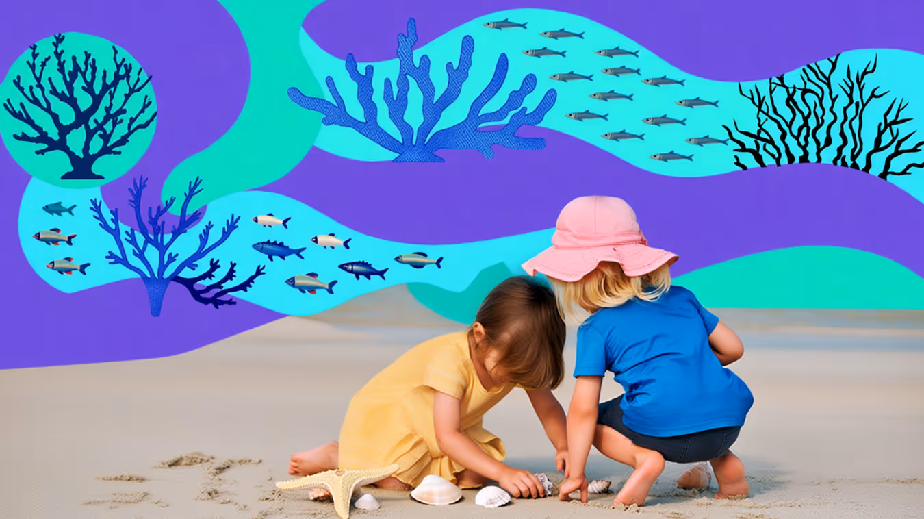 Young homeschool students learning with a nature-based curriculum at the beach