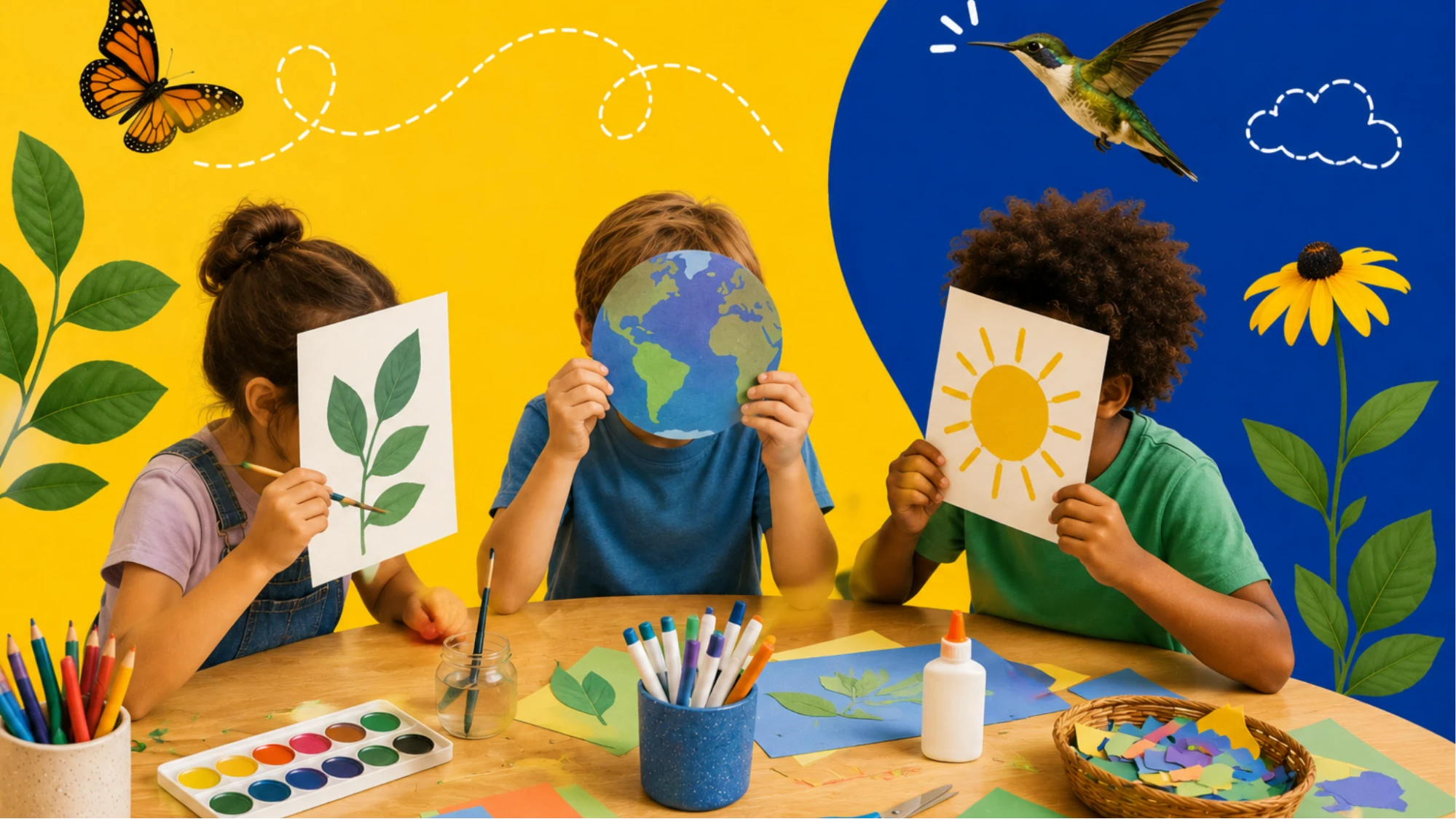 Three children holding up their artwork of a leaf, the Earth, and the sun at a craft table